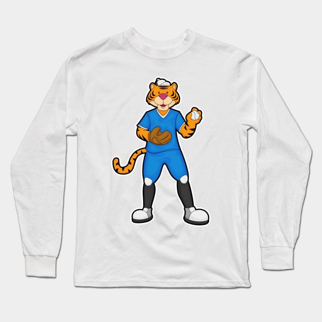 Tiger at Baseball with Baseball glove & Cap Long Sleeve T-Shirt by Markus Schnabel